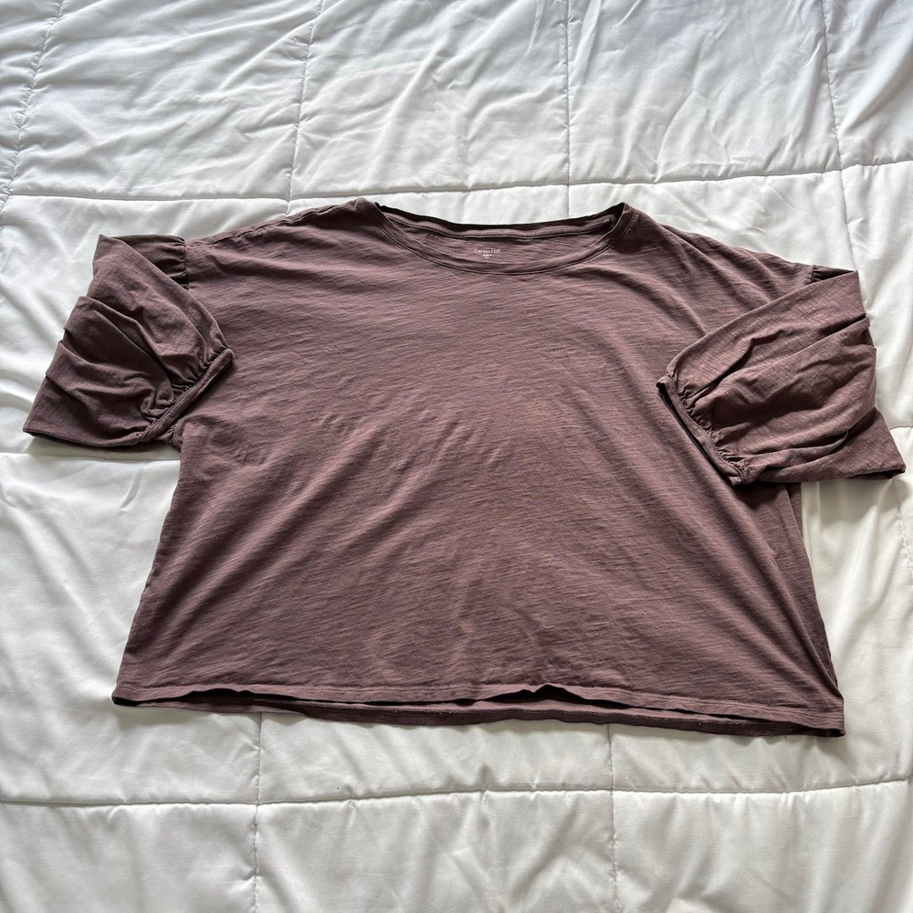 Garnet Hill 100% Organic Pima Cotton Puff Sleeve Top Blouse Mauve Brown Large